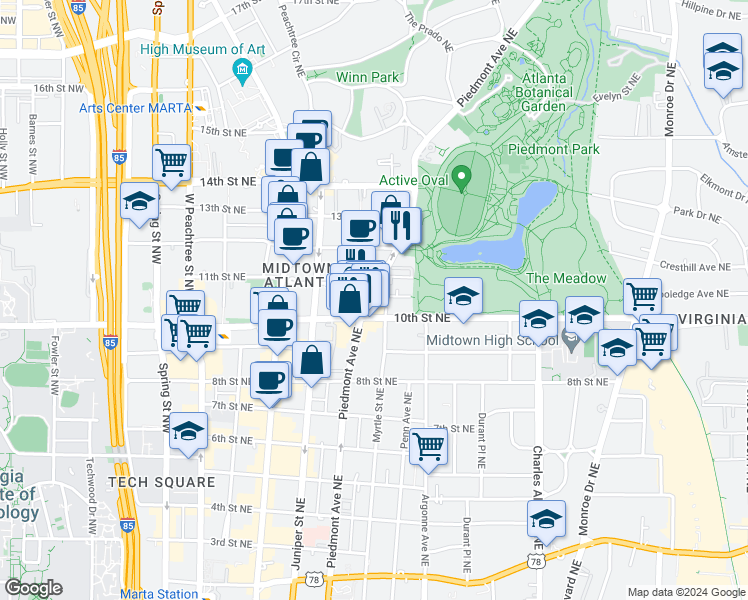 map of restaurants, bars, coffee shops, grocery stores, and more near 1015 Piedmont Avenue Northeast in Atlanta