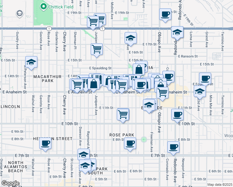 map of restaurants, bars, coffee shops, grocery stores, and more near 2626 East Anaheim Street in Long Beach