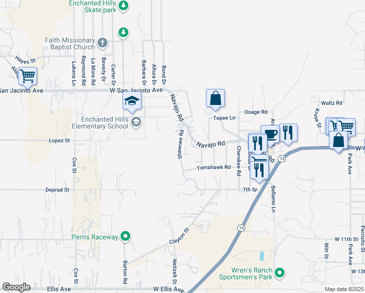 map of restaurants, bars, coffee shops, grocery stores, and more near 405 Shawnee Road in Perris