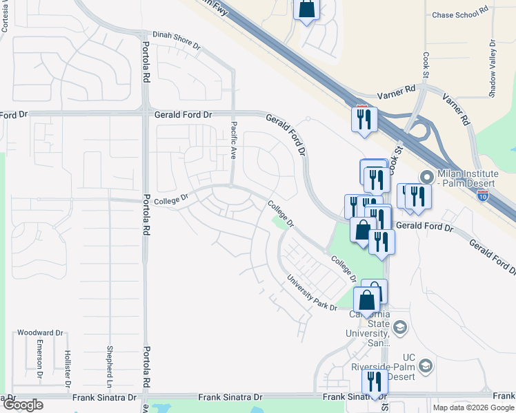 map of restaurants, bars, coffee shops, grocery stores, and more near 36366 Warren Drive in Palm Desert