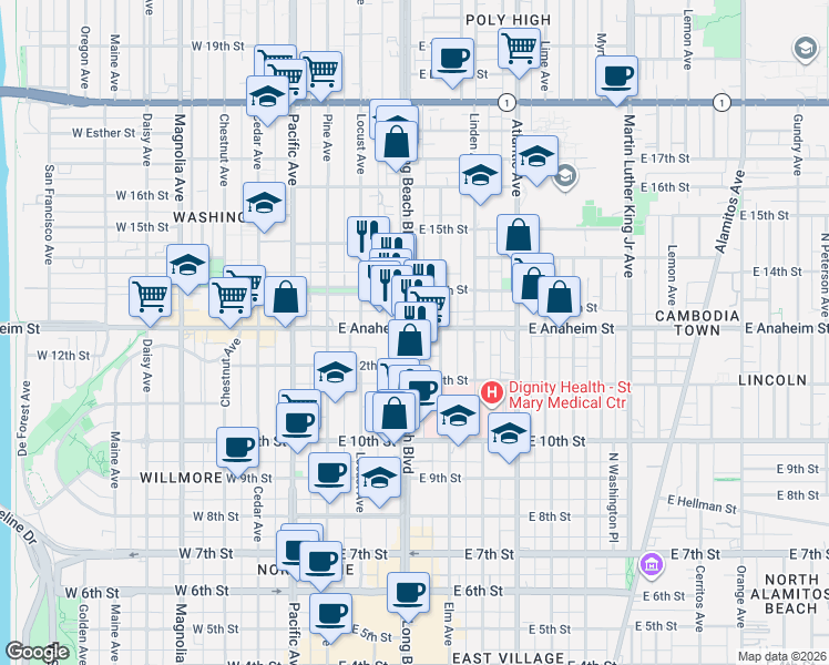 map of restaurants, bars, coffee shops, grocery stores, and more near 1260 Long Beach Boulevard in Long Beach