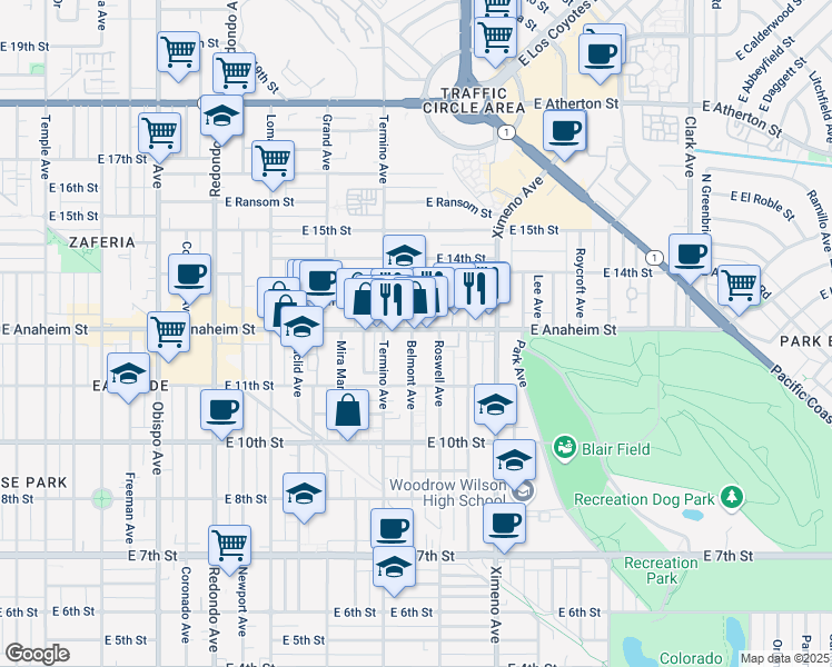 map of restaurants, bars, coffee shops, grocery stores, and more near 4118 East Fountain Street in Long Beach