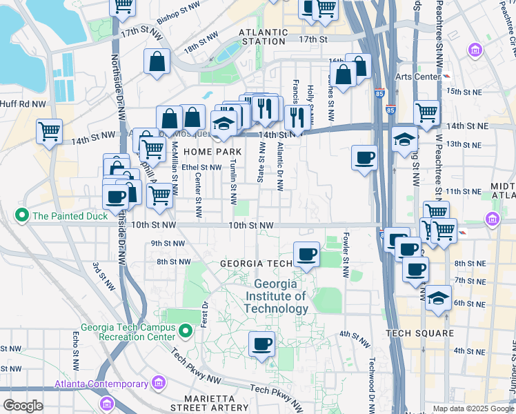 map of restaurants, bars, coffee shops, grocery stores, and more near State St NW & Home Park Ave NW in Atlanta