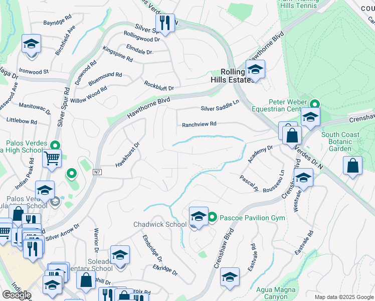 map of restaurants, bars, coffee shops, grocery stores, and more near 5 Santa Bella Road in Rolling Hills Estates