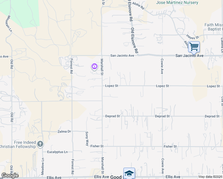map of restaurants, bars, coffee shops, grocery stores, and more near 22072 Lopez Street in Perris