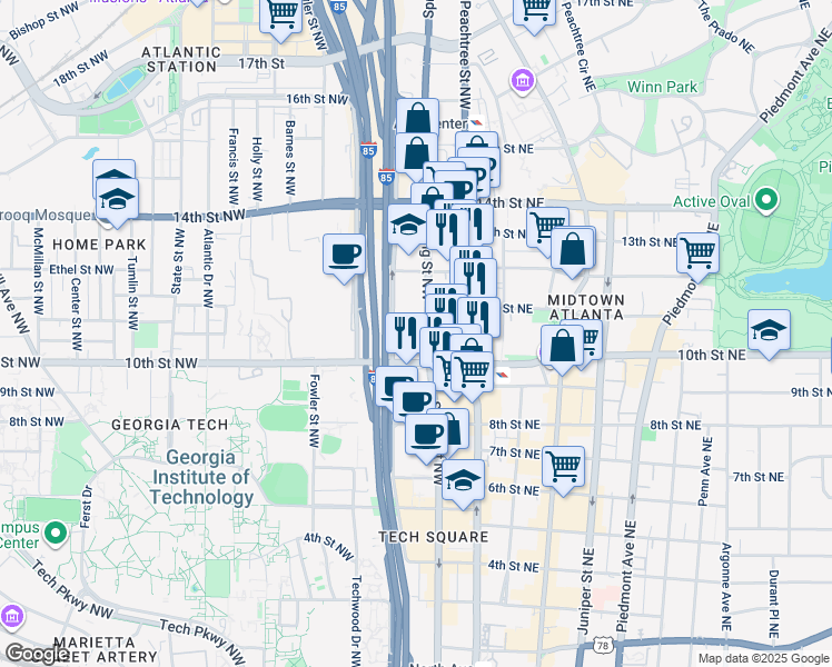 map of restaurants, bars, coffee shops, grocery stores, and more near 2001 Williams Street Northwest in Atlanta