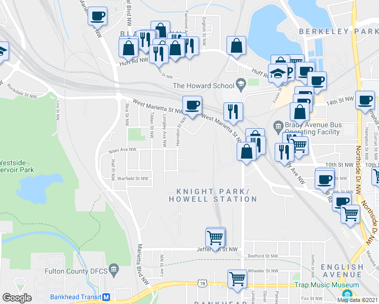 map of restaurants, bars, coffee shops, grocery stores, and more near 1060 Niles Ave NW in Atlanta