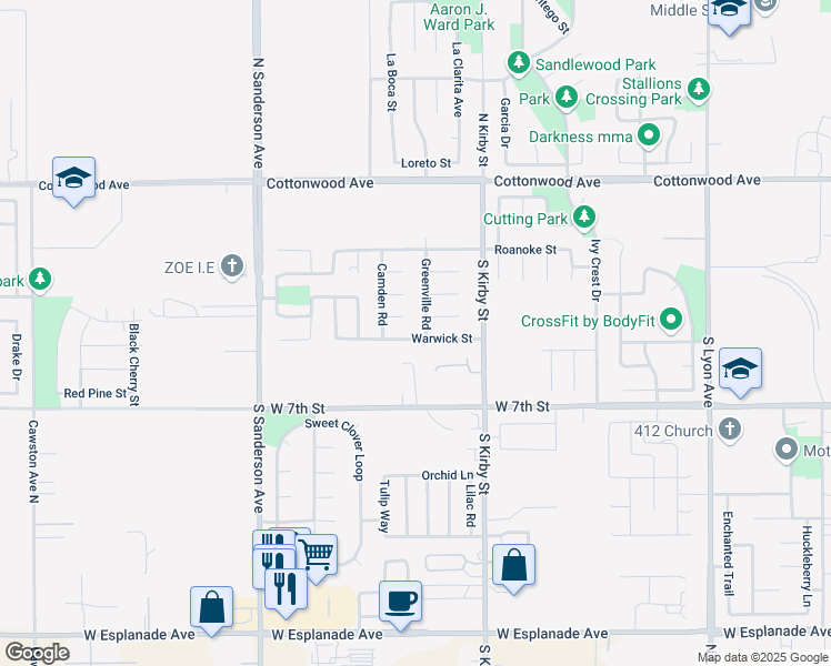 map of restaurants, bars, coffee shops, grocery stores, and more near 2027 Warwick Street in San Jacinto