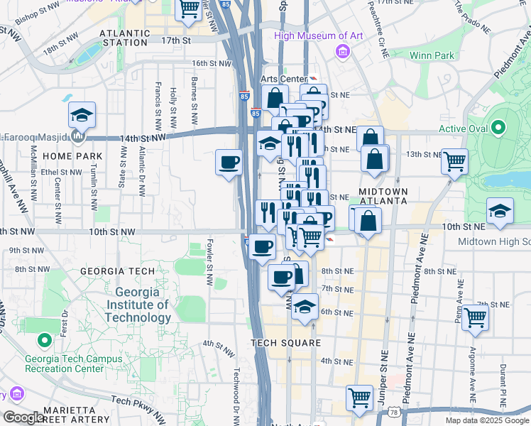 map of restaurants, bars, coffee shops, grocery stores, and more near 2001 Williams Street Northwest in Atlanta