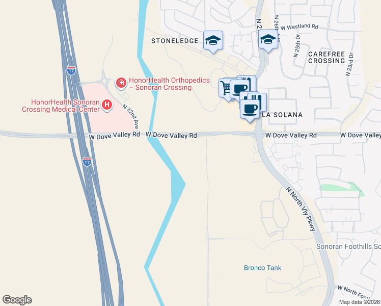 map of restaurants, bars, coffee shops, grocery stores, and more near West Dove Valley Road in Phoenix