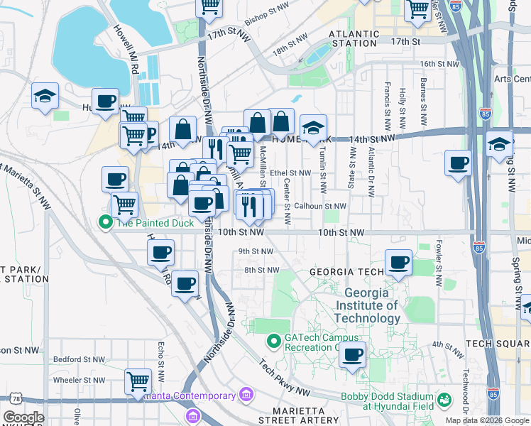 map of restaurants, bars, coffee shops, grocery stores, and more near 499 Calhoun Street Northwest in Atlanta