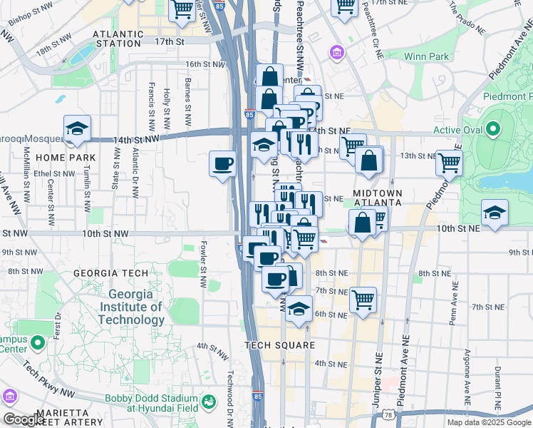 map of restaurants, bars, coffee shops, grocery stores, and more near 2001 Williams Street Northwest in Atlanta