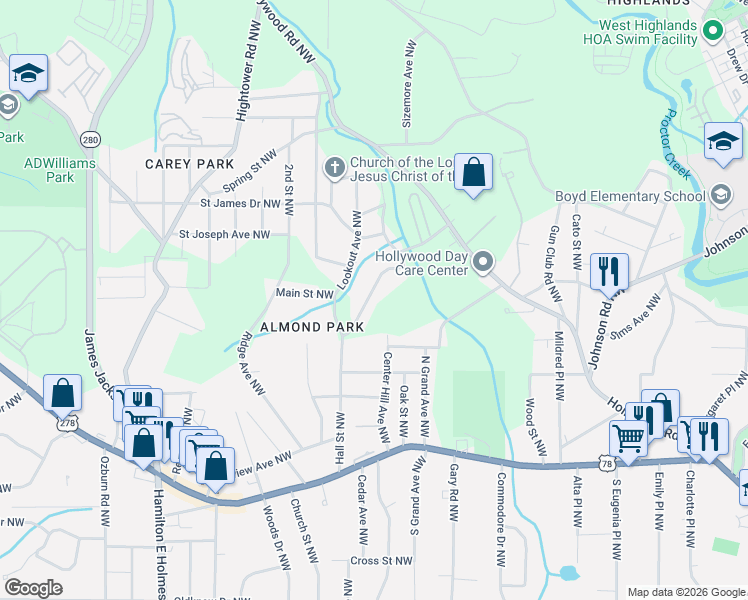 map of restaurants, bars, coffee shops, grocery stores, and more near 1038 Ada Avenue Northwest in Atlanta