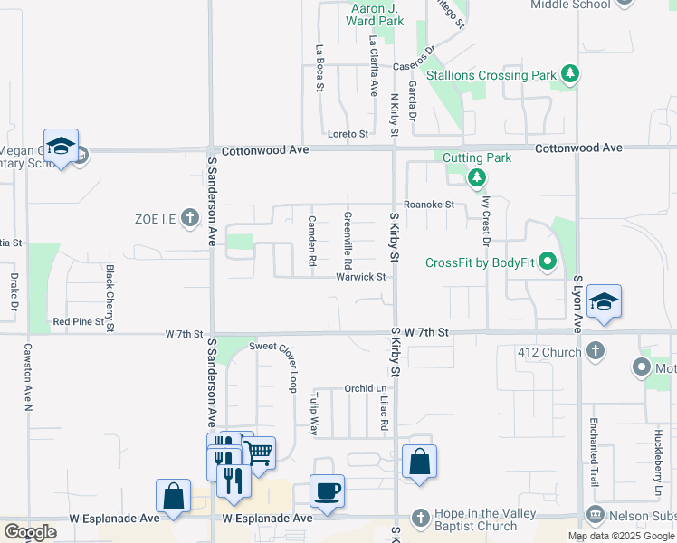 map of restaurants, bars, coffee shops, grocery stores, and more near 2027 Warwick Street in San Jacinto