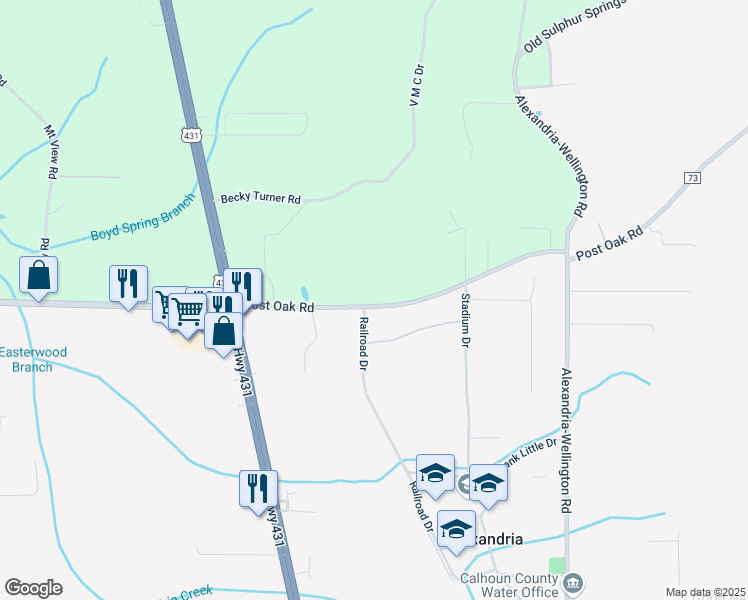 map of restaurants, bars, coffee shops, grocery stores, and more near 349 Post Oak Road in Alexandria