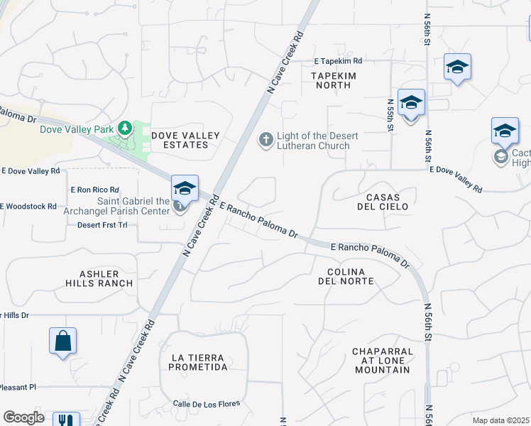 map of restaurants, bars, coffee shops, grocery stores, and more near 5100 East Rancho Paloma Parkway in Cave Creek