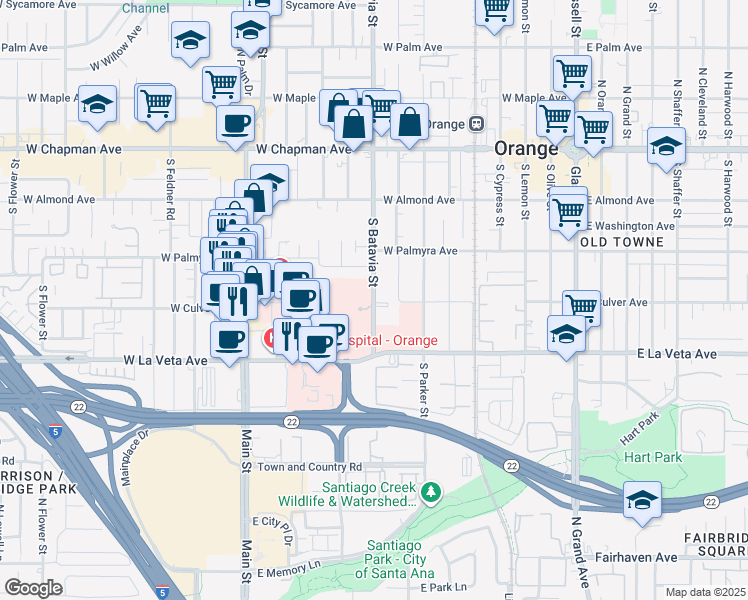 map of restaurants, bars, coffee shops, grocery stores, and more near 440 South Batavia Street in Orange