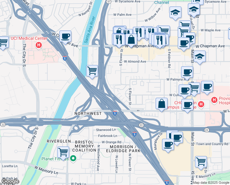 map of restaurants, bars, coffee shops, grocery stores, and more near 400 South Flower Street in Orange