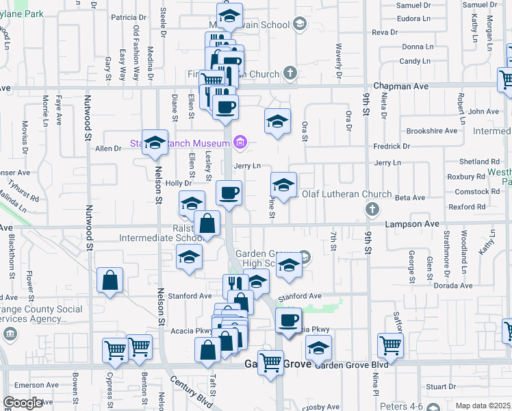 map of restaurants, bars, coffee shops, grocery stores, and more near 11111 Iris Drive in Garden Grove