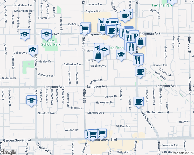 map of restaurants, bars, coffee shops, grocery stores, and more near 12382 Janet Circle in Garden Grove