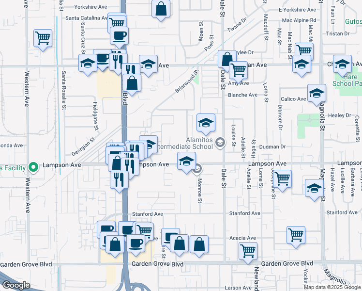 map of restaurants, bars, coffee shops, grocery stores, and more near 12331 Arrowhead Street in Stanton