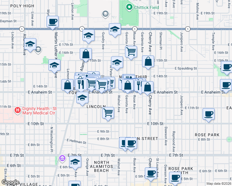 map of restaurants, bars, coffee shops, grocery stores, and more near 1501 East Anaheim Street in Long Beach