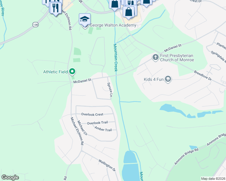 map of restaurants, bars, coffee shops, grocery stores, and more near 423 Spruce Lane in Monroe