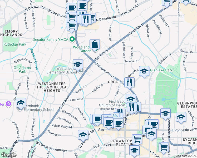 map of restaurants, bars, coffee shops, grocery stores, and more near 123 Garden Lane in Decatur