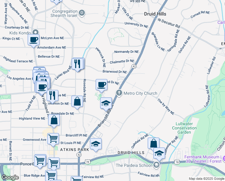 map of restaurants, bars, coffee shops, grocery stores, and more near 1333 Stillwood Drive Northeast in Atlanta