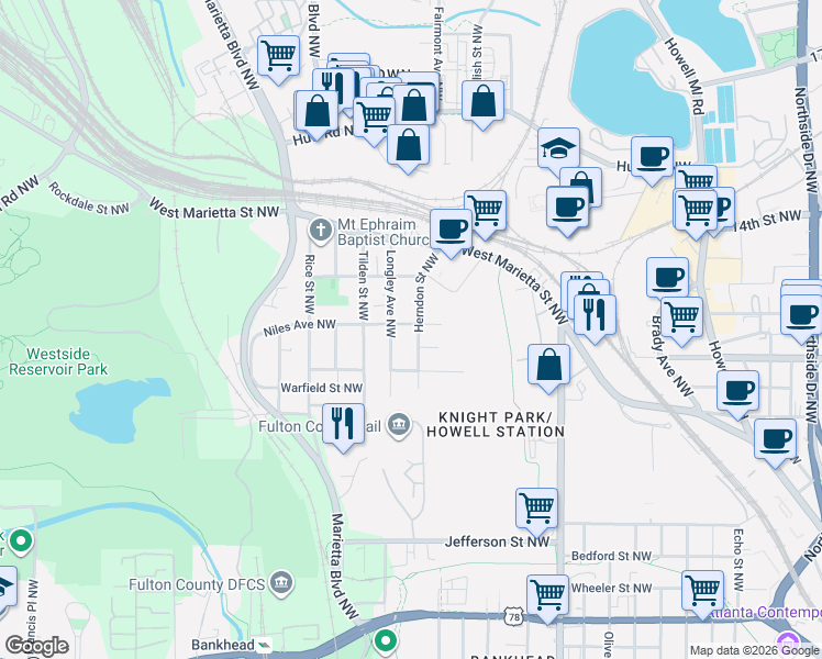 map of restaurants, bars, coffee shops, grocery stores, and more near 1026 Herndon Street Northwest in Atlanta