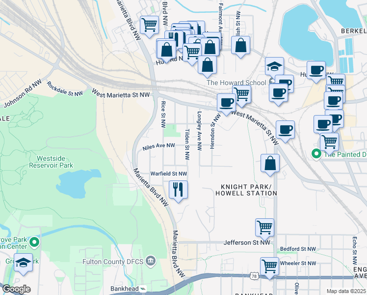 map of restaurants, bars, coffee shops, grocery stores, and more near 1164 Niles Avenue Northwest in Atlanta