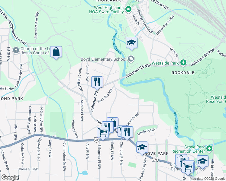 map of restaurants, bars, coffee shops, grocery stores, and more near 1051 Sims Avenue Northwest in Atlanta