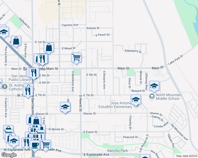 map of restaurants, bars, coffee shops, grocery stores, and more near 517 South Soboba Avenue in San Jacinto
