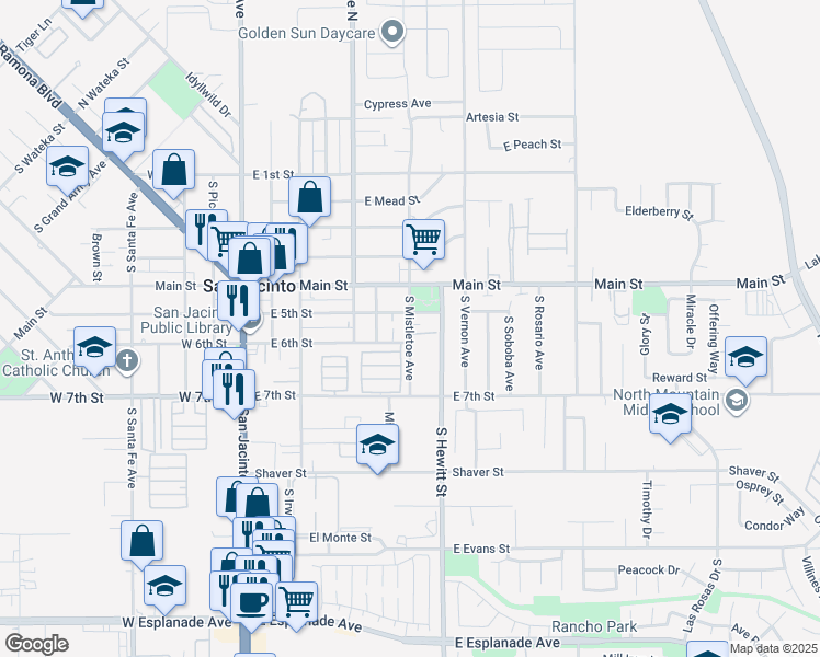 map of restaurants, bars, coffee shops, grocery stores, and more near 501 South Mistletoe Avenue in San Jacinto