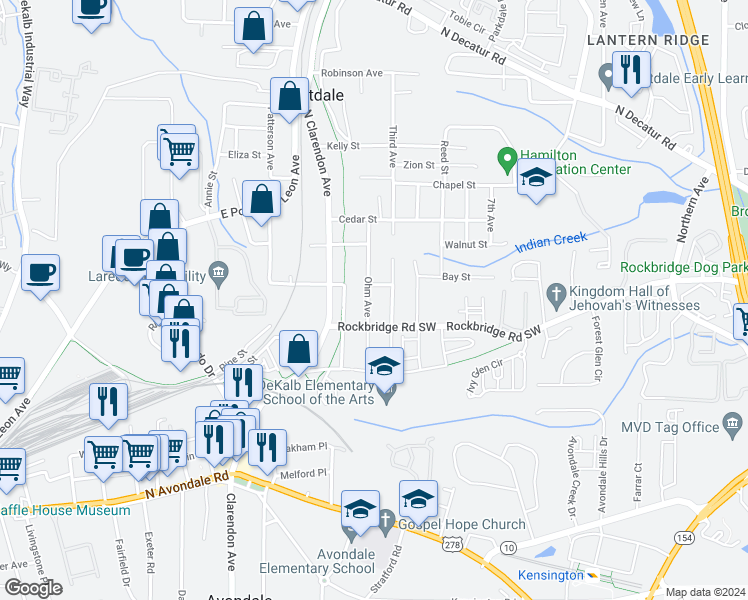 map of restaurants, bars, coffee shops, grocery stores, and more near 286 Third Avenue in Avondale Estates