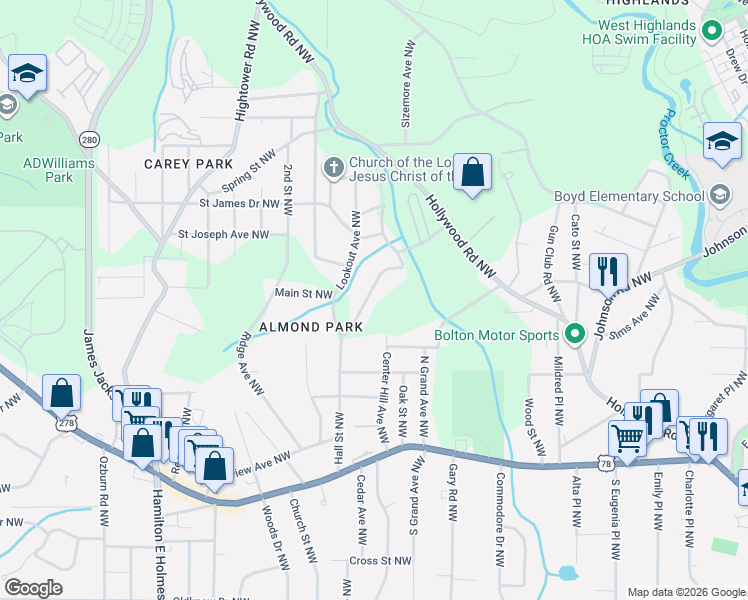 map of restaurants, bars, coffee shops, grocery stores, and more near 1038 Ada Avenue Northwest in Atlanta