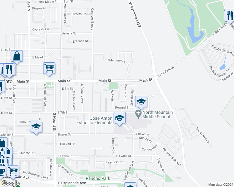 map of restaurants, bars, coffee shops, grocery stores, and more near 533 Divine Way in San Jacinto