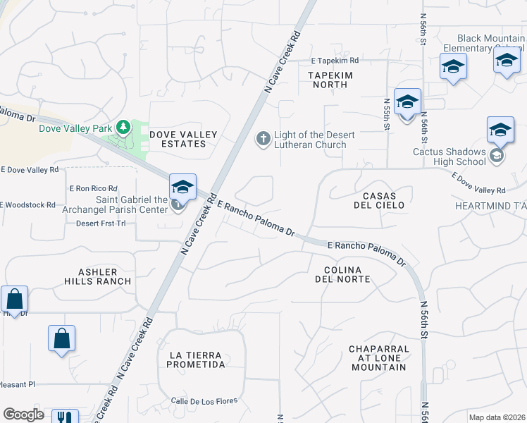 map of restaurants, bars, coffee shops, grocery stores, and more near 5100 East Rancho Paloma Parkway in Cave Creek