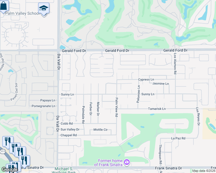 map of restaurants, bars, coffee shops, grocery stores, and more near 70442 Verlaine Drive in Rancho Mirage