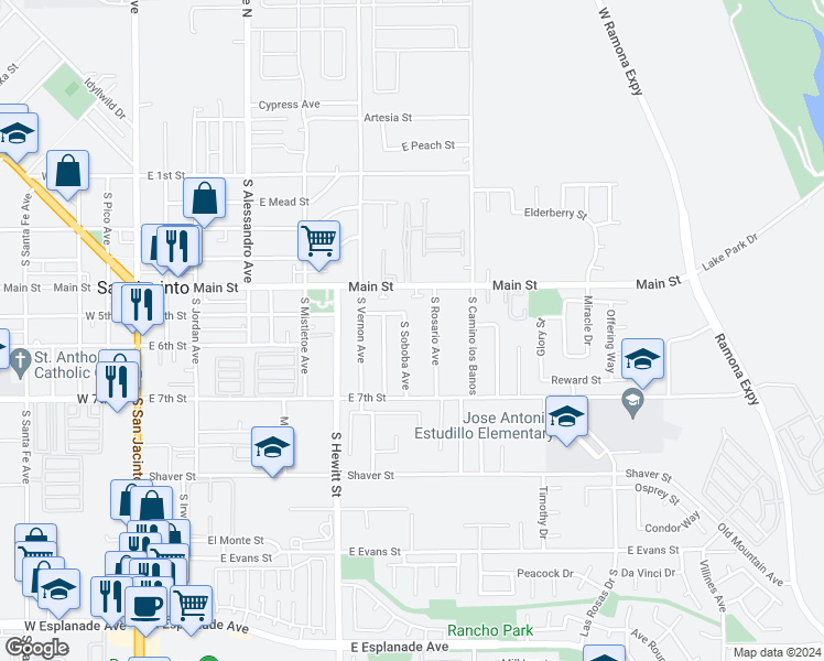 map of restaurants, bars, coffee shops, grocery stores, and more near 517 South Soboba Avenue in San Jacinto