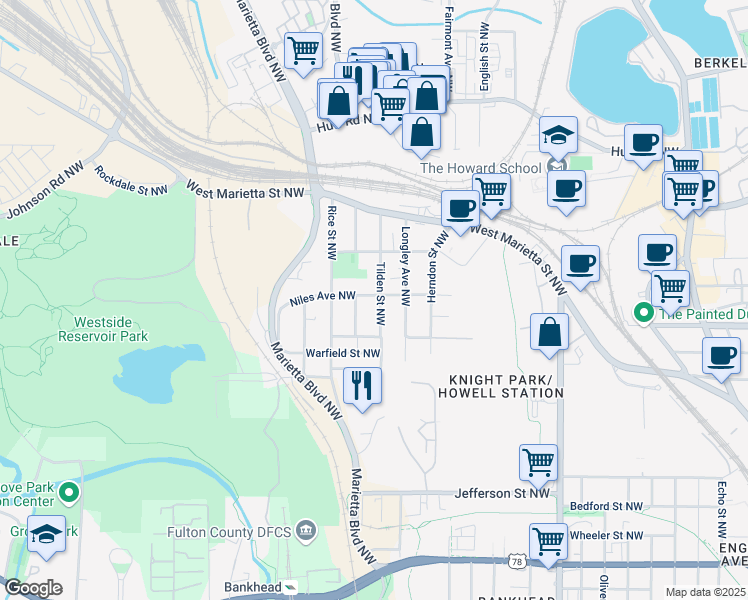 map of restaurants, bars, coffee shops, grocery stores, and more near 1164 Niles Avenue Northwest in Atlanta