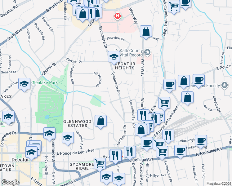 map of restaurants, bars, coffee shops, grocery stores, and more near 66 Sycamore Station in Decatur