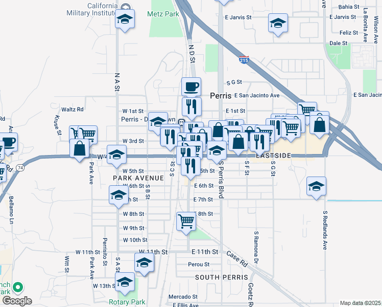 map of restaurants, bars, coffee shops, grocery stores, and more near 3878 Akina Avenue in Perris