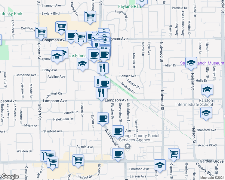map of restaurants, bars, coffee shops, grocery stores, and more near 10055 Hidden Village Road in Garden Grove