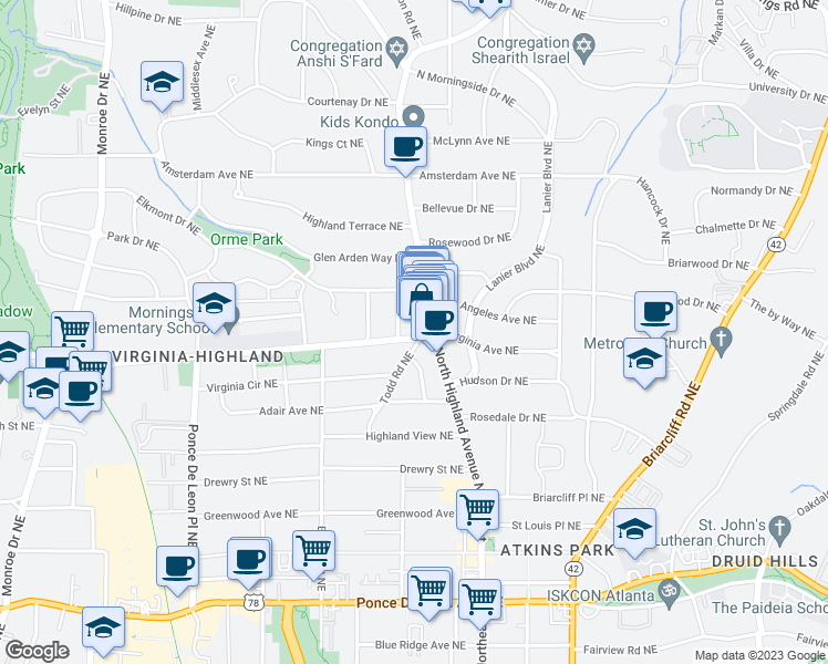 map of restaurants, bars, coffee shops, grocery stores, and more near 982 Virginia Avenue Northeast in Atlanta