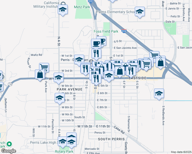 map of restaurants, bars, coffee shops, grocery stores, and more near 570 East 4th Street in Perris