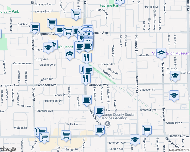 map of restaurants, bars, coffee shops, grocery stores, and more near 10055 Hidden Village Road in Garden Grove