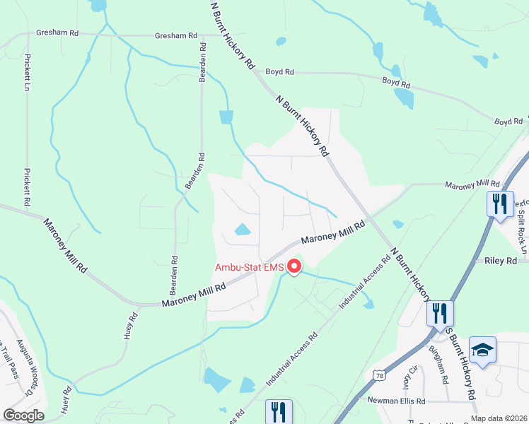 map of restaurants, bars, coffee shops, grocery stores, and more near 850 Terrace Mill Drive in Douglasville