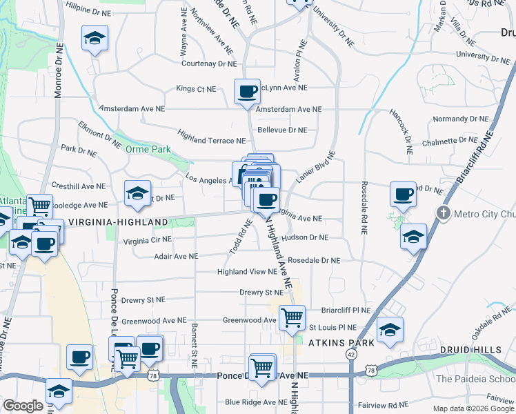 map of restaurants, bars, coffee shops, grocery stores, and more near 1000 Virginia Avenue Northeast in Atlanta