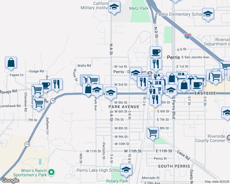 map of restaurants, bars, coffee shops, grocery stores, and more near 378 West 4th Street in Perris